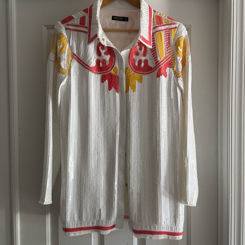 Nasty Gal White Sequin Jacket with Red and Gold Details